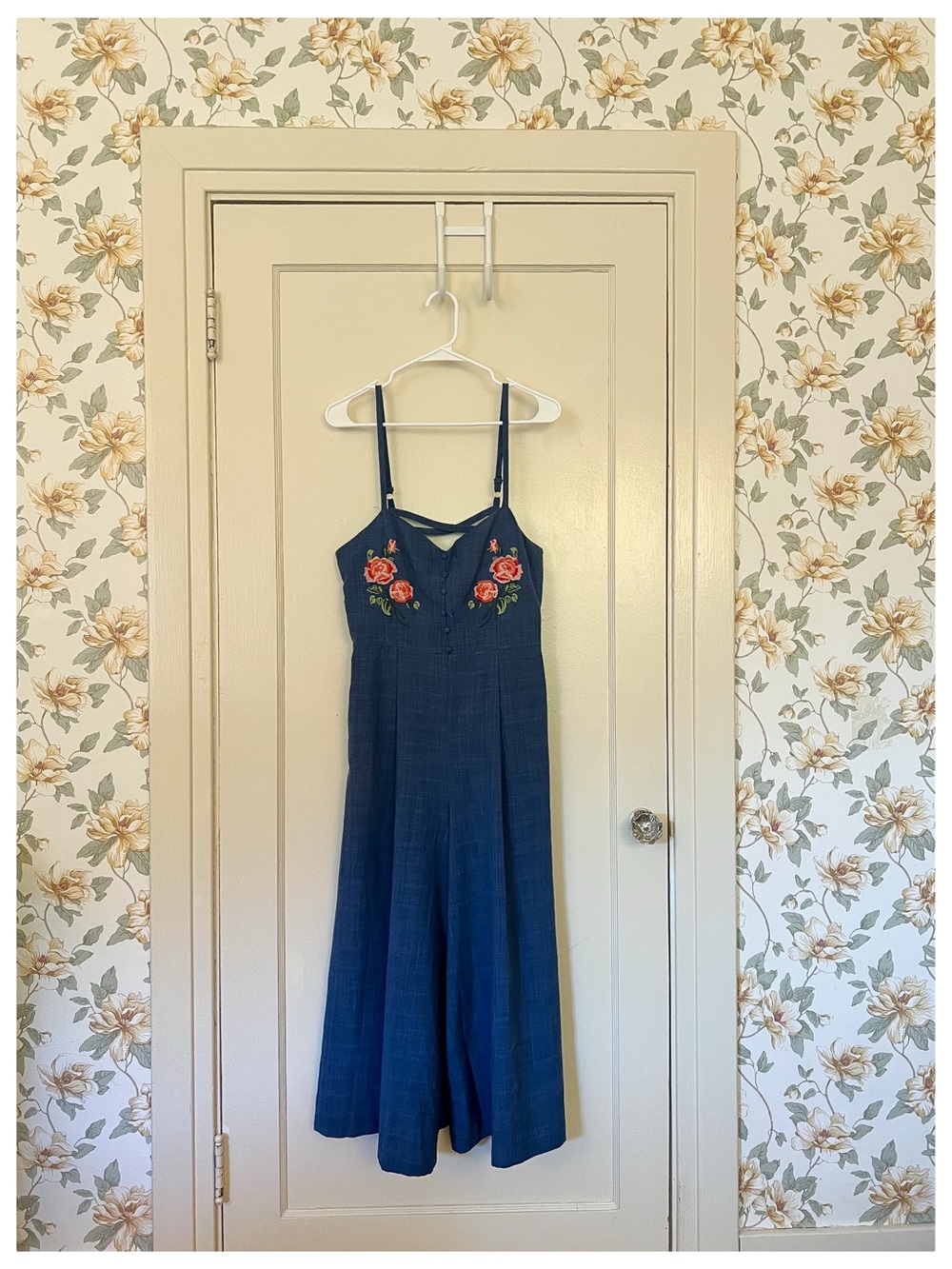 Embroidered Navy Wide-Leg Spaghetti-Strap Jumpsuit